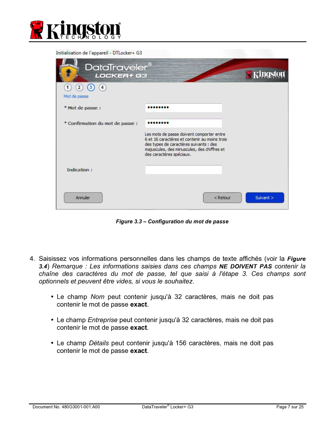 Kingston Technology DTLPG3 manual Configuration du mot de passe 