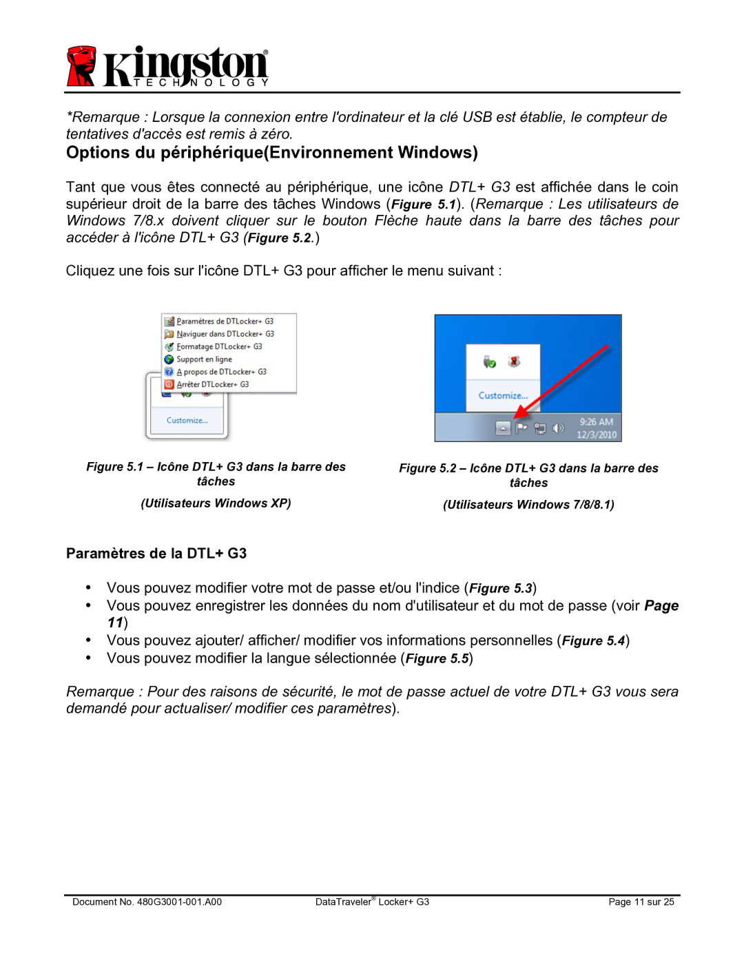 Kingston Technology DTLPG3 manual Options du périphériqueEnvironnement Windows, Paramètres de la DTL+ G3 