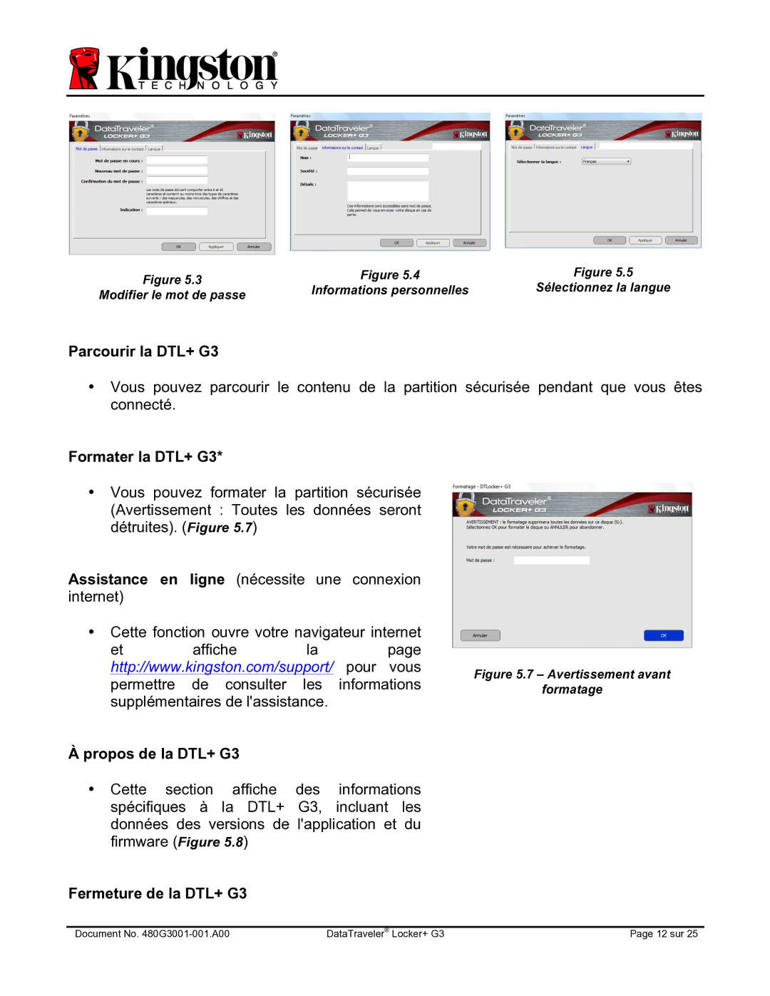 Kingston Technology DTLPG3 manual Parcourir la DTL+ G3, Formater la DTL+ G3, Propos de la DTL+ G3, Fermeture de la DTL+ G3 