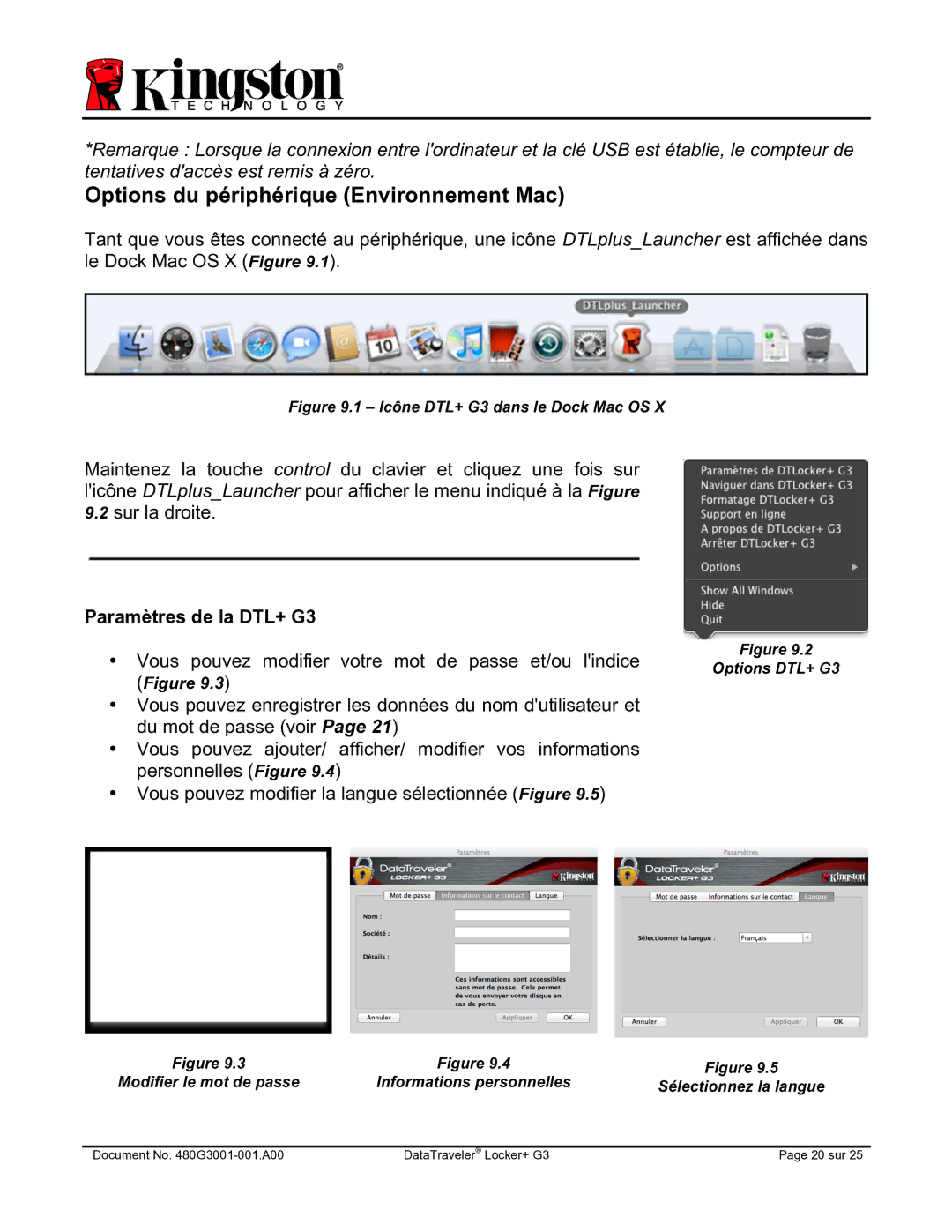 Kingston Technology DTLPG3 manual Options du périphérique Environnement Mac, Icône DTL+ G3 dans le Dock Mac OS 