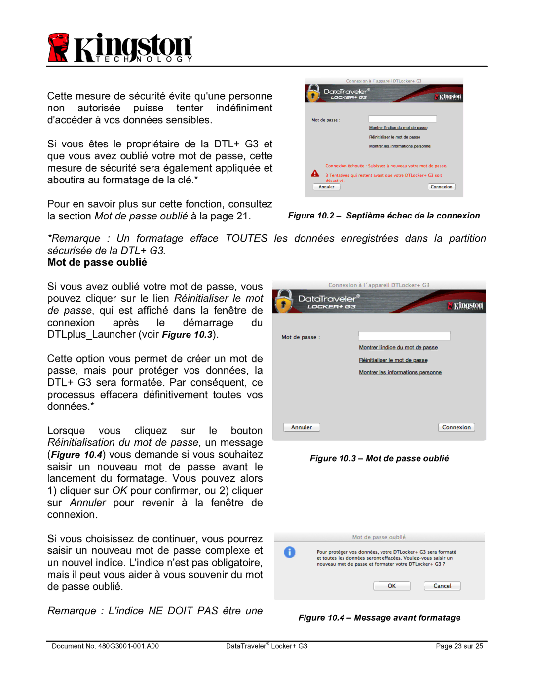Kingston Technology DTLPG3 manual Mot de passe oublié 