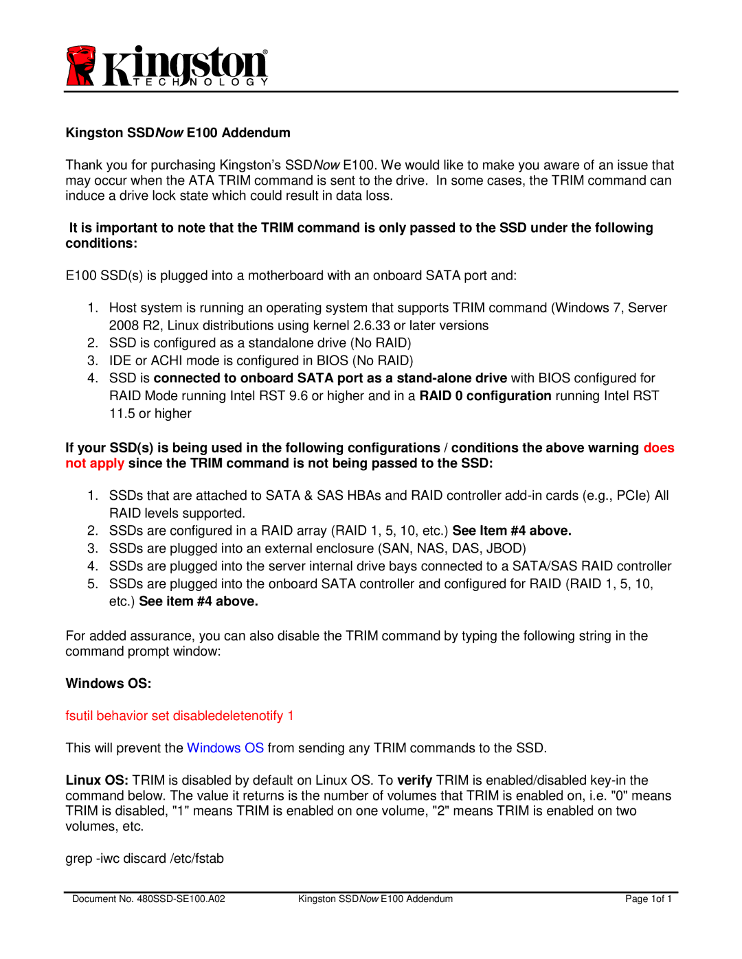 Kingston Technology manual Kingston SSDNow E100 Addendum, Windows OS, Fsutil behavior set disabledeletenotify 