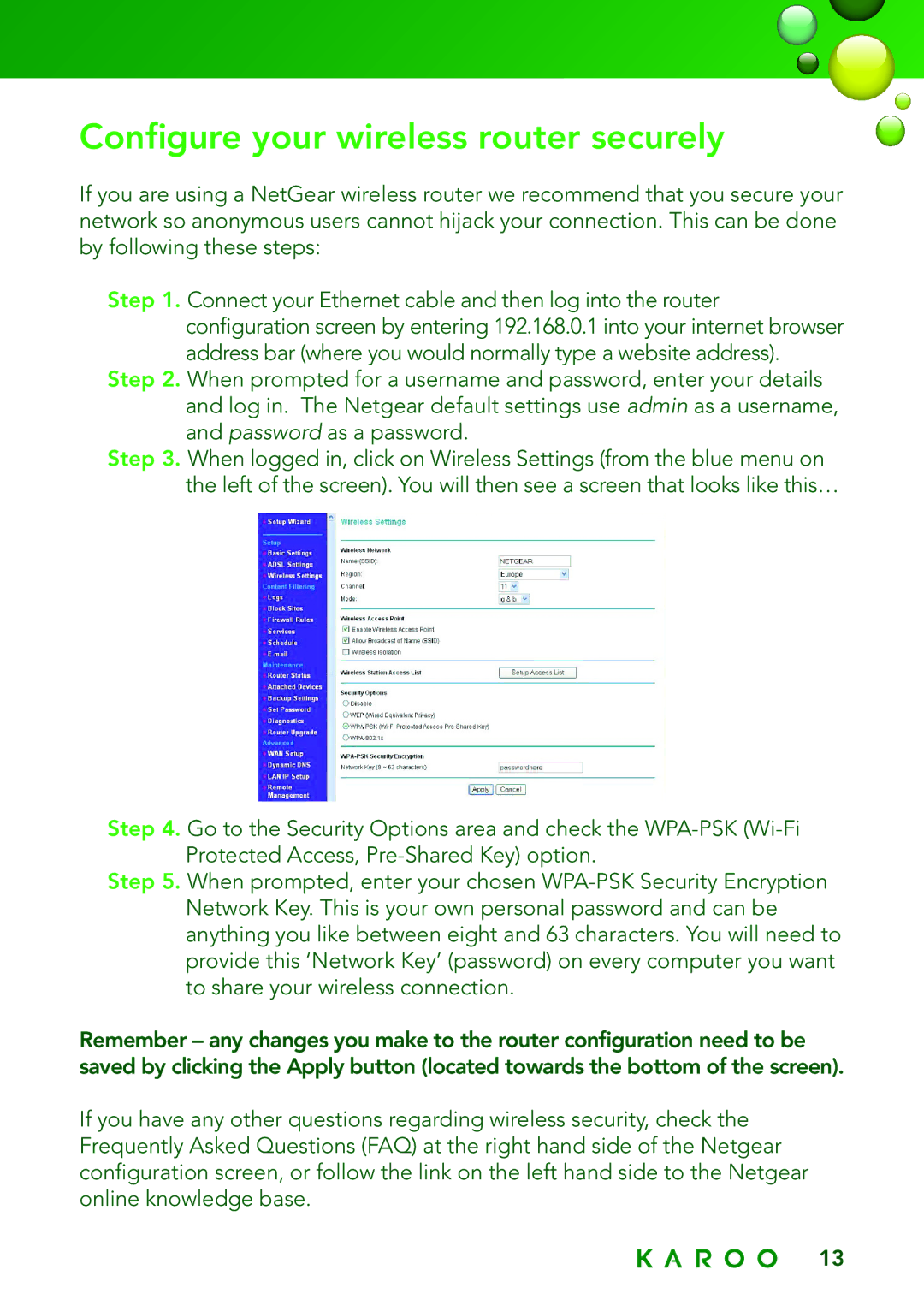 Kingston Technology KAROO manual Configure your wireless router securely 