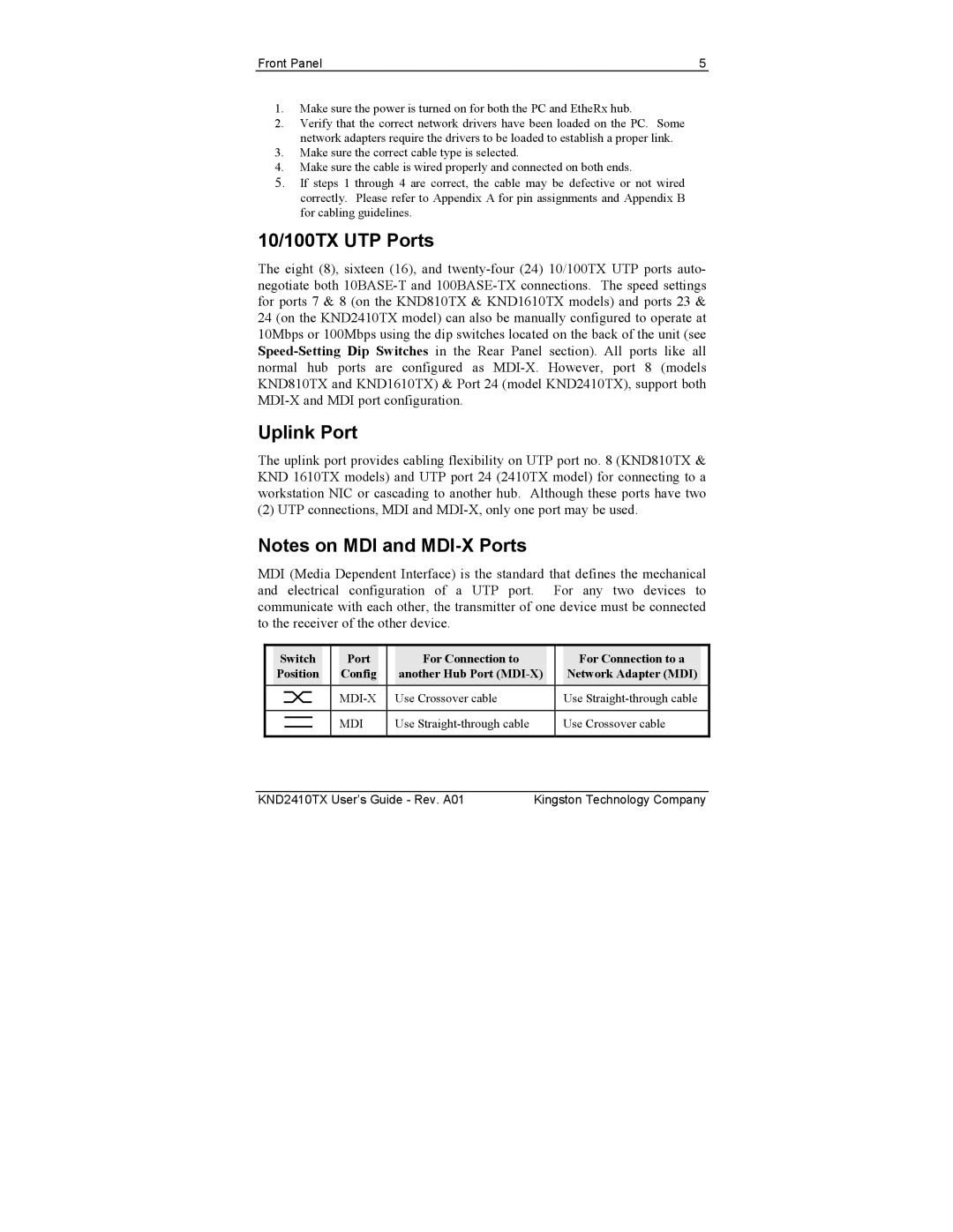 Kingston Technology KND1610TX, KND2410TX, KND810TX manual 10/100TX UTP Ports, Uplink Port 