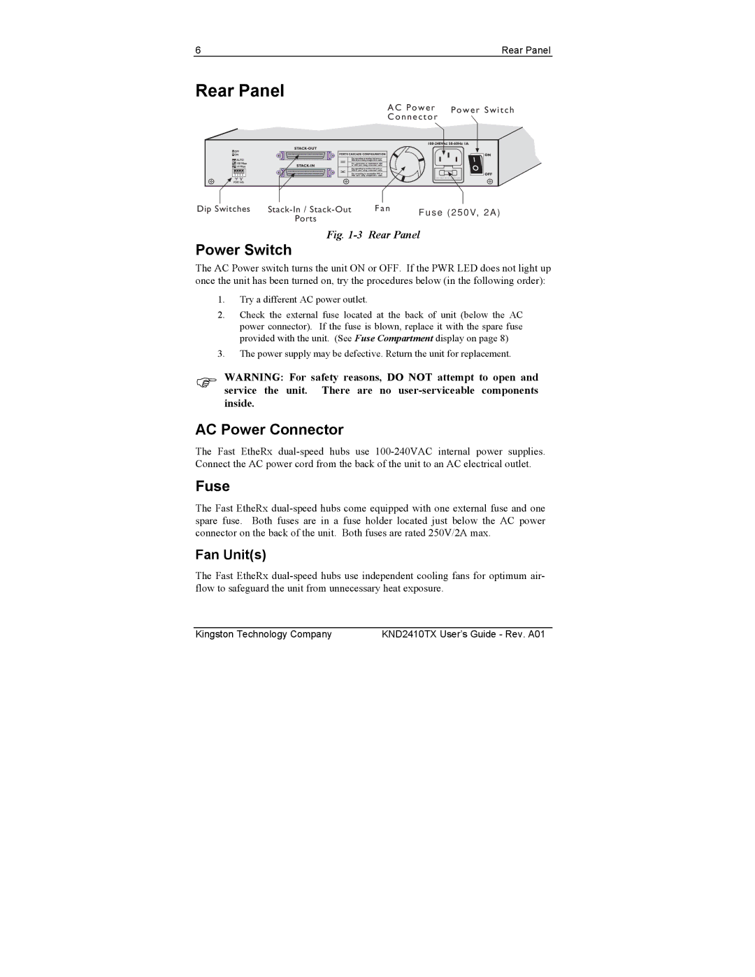 Kingston Technology KND2410TX, KND810TX, KND1610TX manual Rear Panel, Power Switch, AC Power Connector, Fuse 