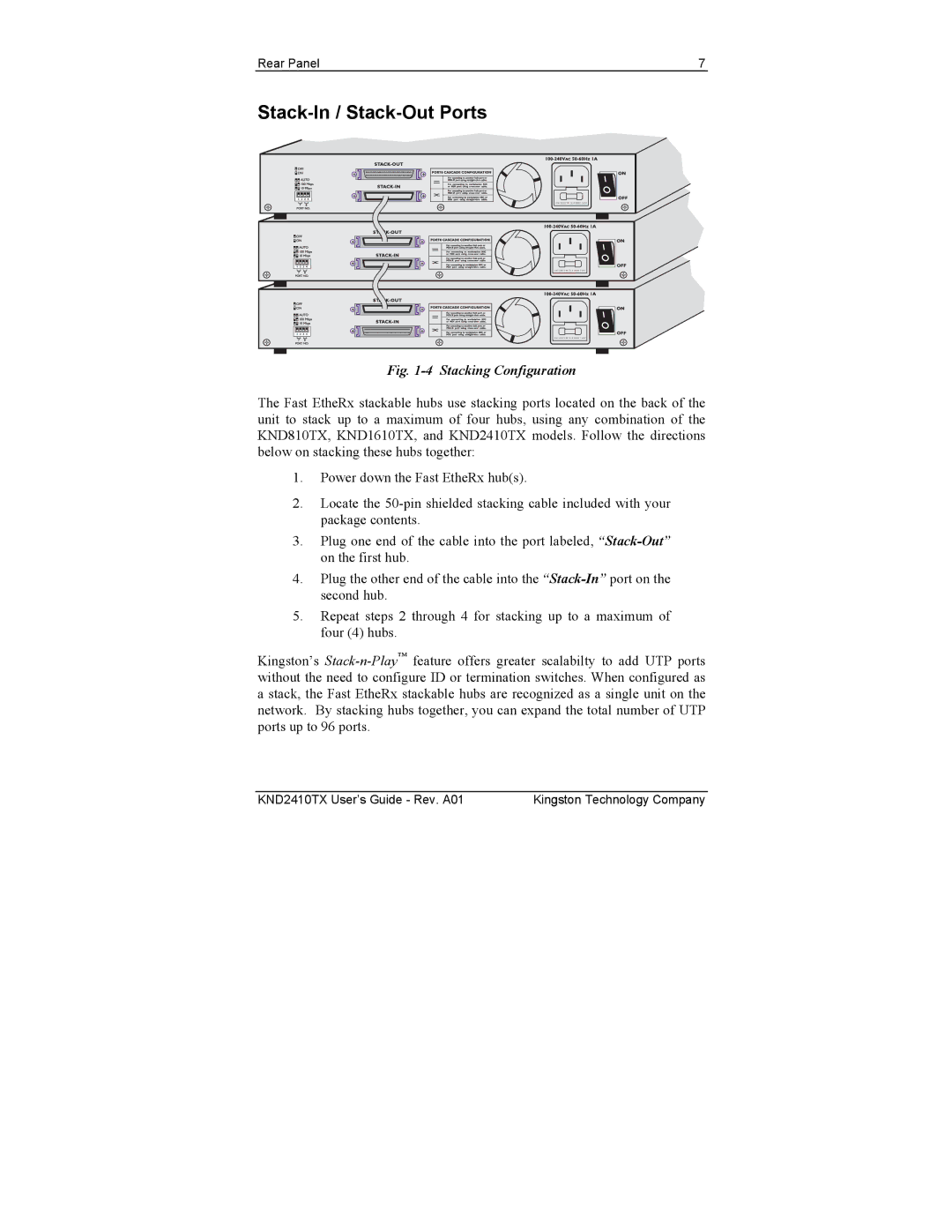 Kingston Technology KND810TX, KND2410TX, KND1610TX manual Stack-In / Stack-Out Ports, Stacking Configuration 