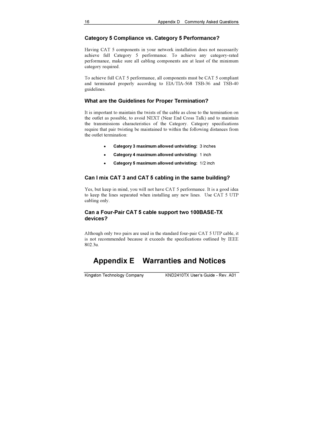 Kingston Technology KND810TX manual Appendix E Warranties and Notices, Category 5 Compliance vs. Category 5 Performance? 