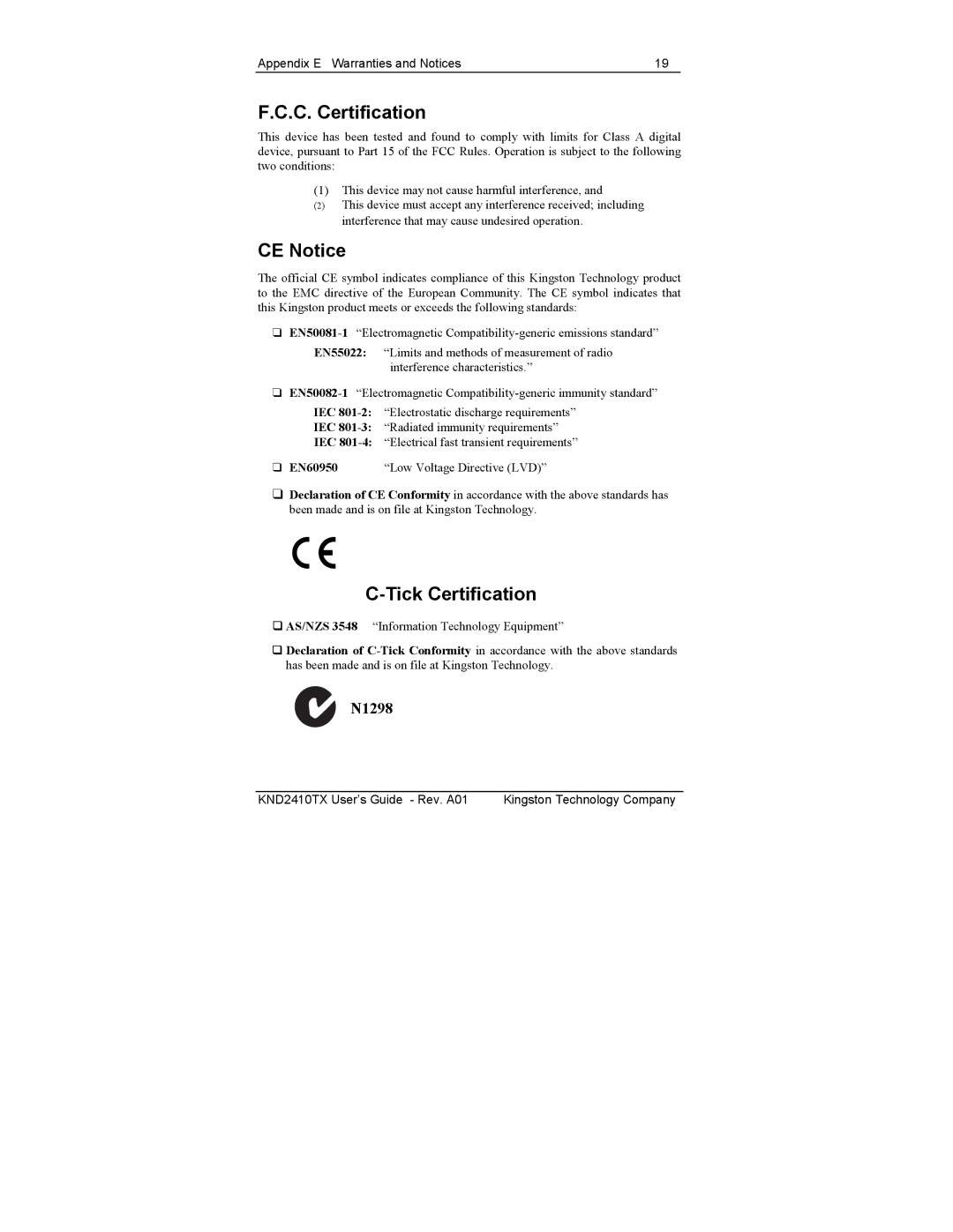 Kingston Technology KND810TX, KND2410TX, KND1610TX manual C. Certification, CE Notice, Tick Certification 