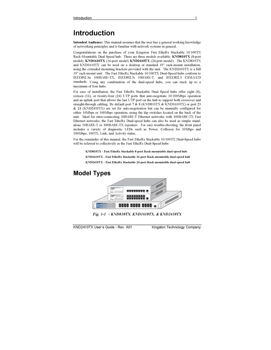 Kingston Technology KND810TX, KND2410TX, KND1610TX manual Introduction, Model Types 