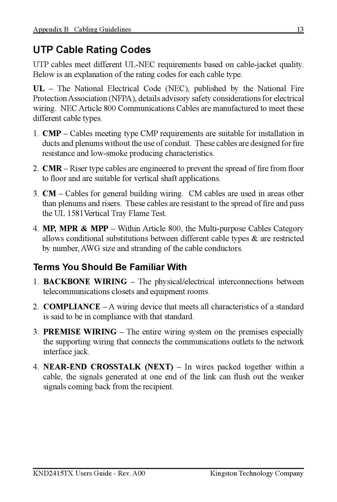 Kingston Technology KND2415TX manual UTP Cable Rating Codes, Terms You Should Be Familiar With 