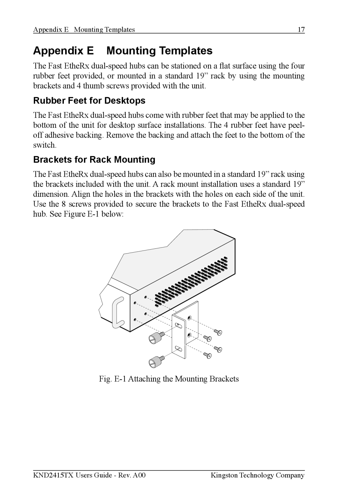 Kingston Technology KND2415TX manual Appendix E Mounting Templates, Rubber Feet for Desktops, Brackets for Rack Mounting 