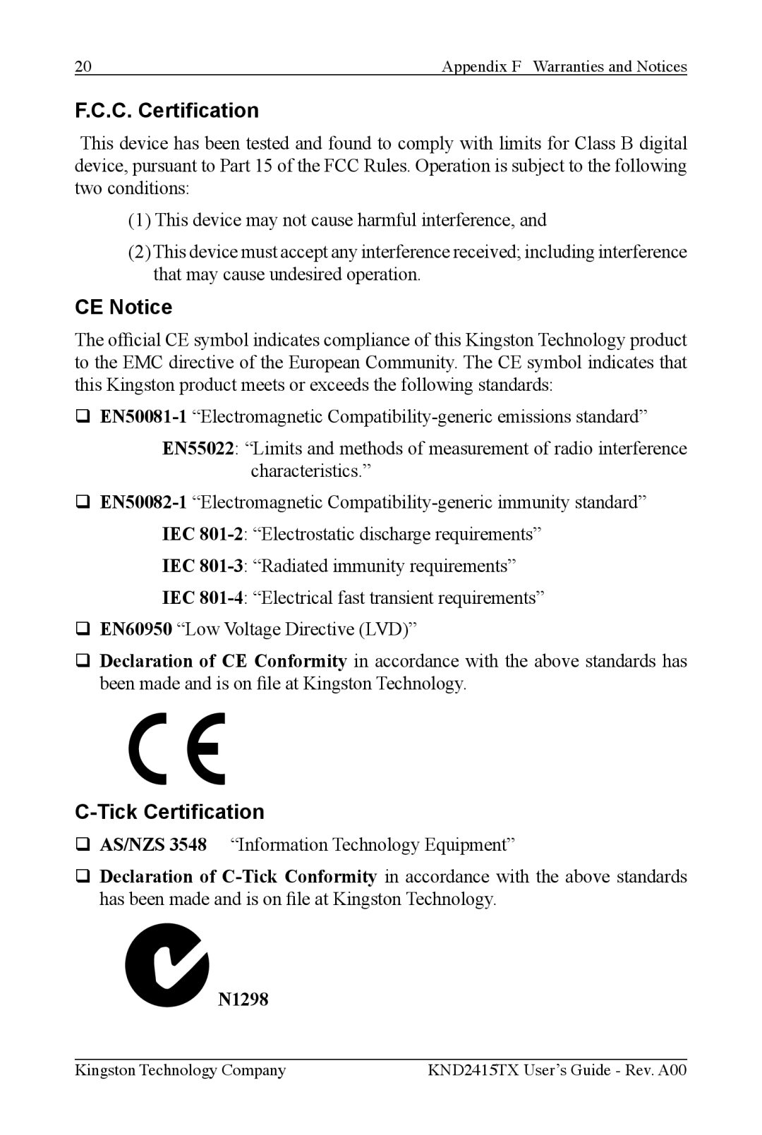 Kingston Technology KND2415TX manual C. Certication, CE Notice, Tick Certication 