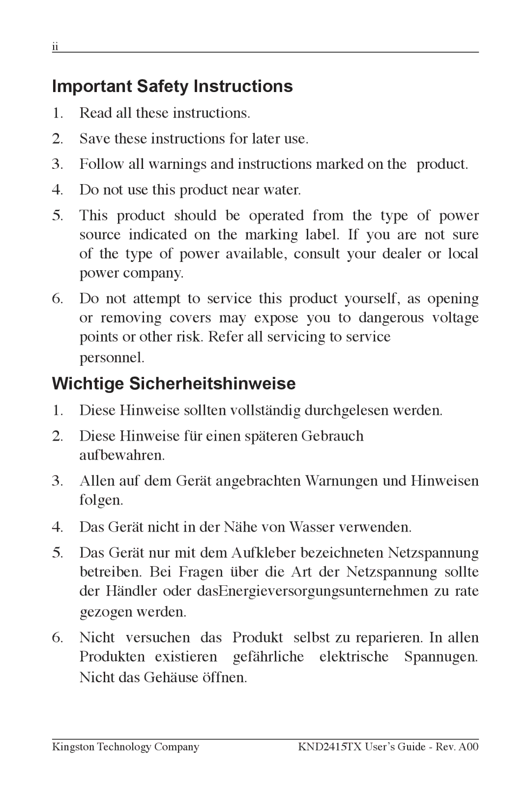 Kingston Technology KND2415TX manual Important Safety Instructions, Wichtige Sicherheitshinweise 