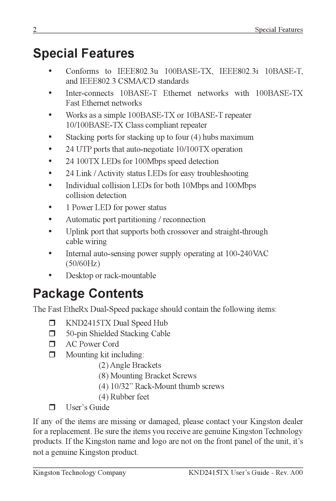 Kingston Technology KND2415TX manual Special Features, Package Contents 