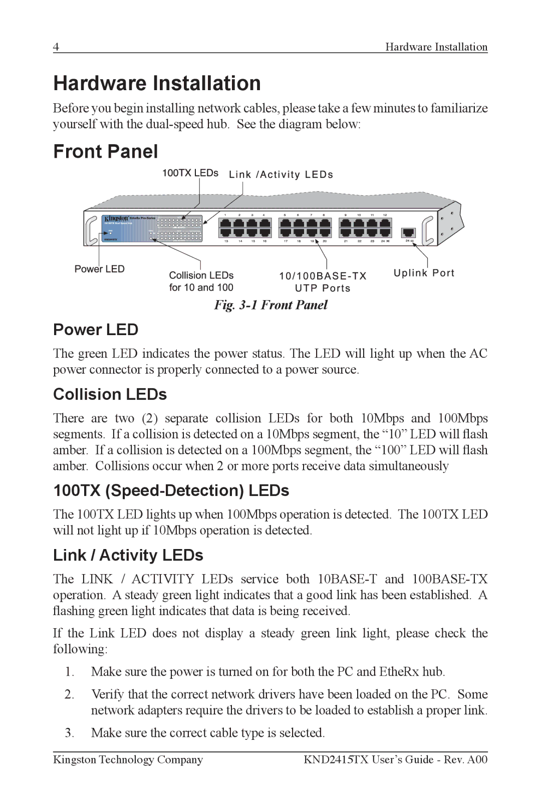 Kingston Technology KND2415TX manual Hardware Installation, Power LED, Collision LEDs, 100TX Speed-Detection LEDs 