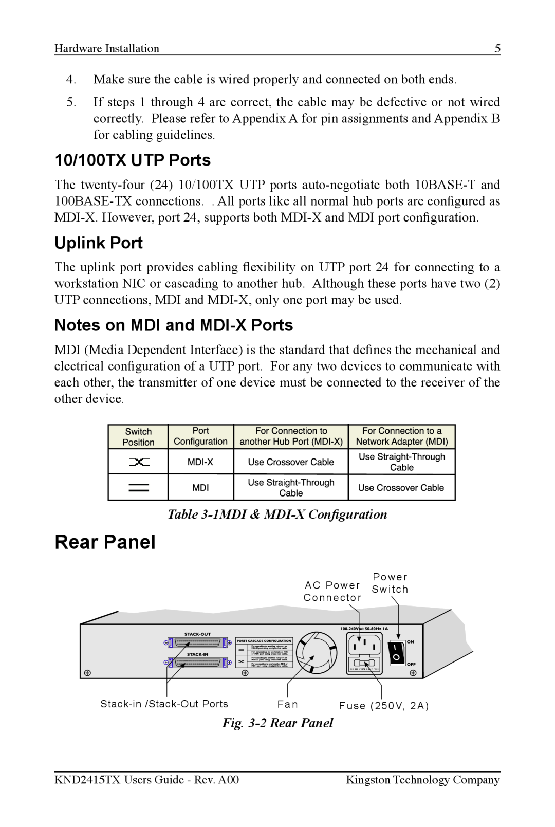 Kingston Technology KND2415TX manual 10/100TX UTP Ports, Uplink Port, Notes on MDI and MDI-X Ports, 2 Rear Panel 