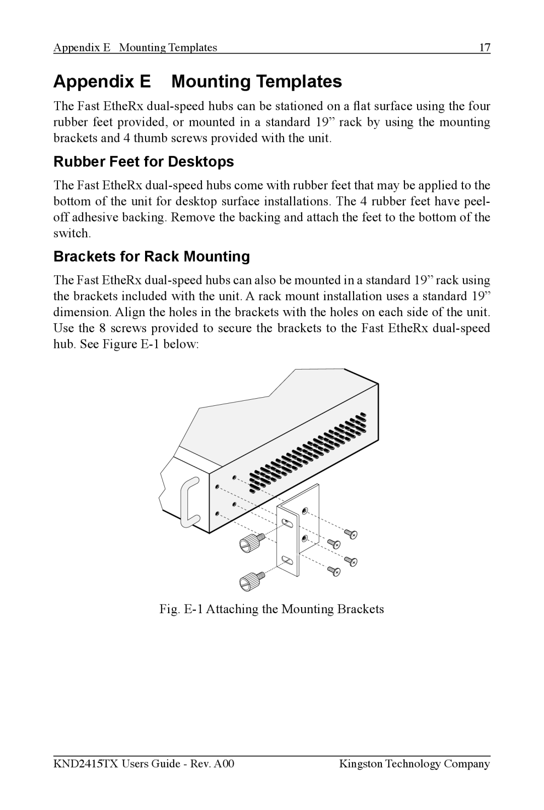Kingston Technology KND2415TX manual Appendix E Mounting Templates, Rubber Feet for Desktops, Brackets for Rack Mounting 