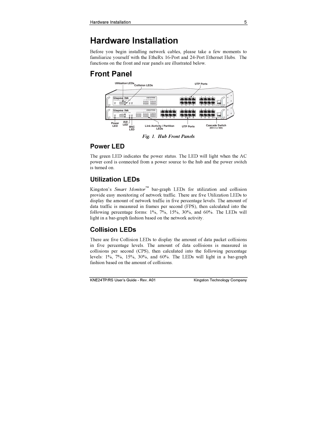 Kingston Technology KNE16TP/RS, KNE24TP/RS Hardware Installation, Front Panel, Power LED, Utilization LEDs, Collision LEDs 