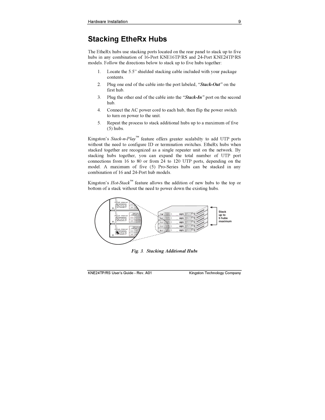 Kingston Technology KNE16TP/RS, KNE24TP/RS manual Stacking EtheRx Hubs, STACK-IN STACK-OUT Cascade Config 