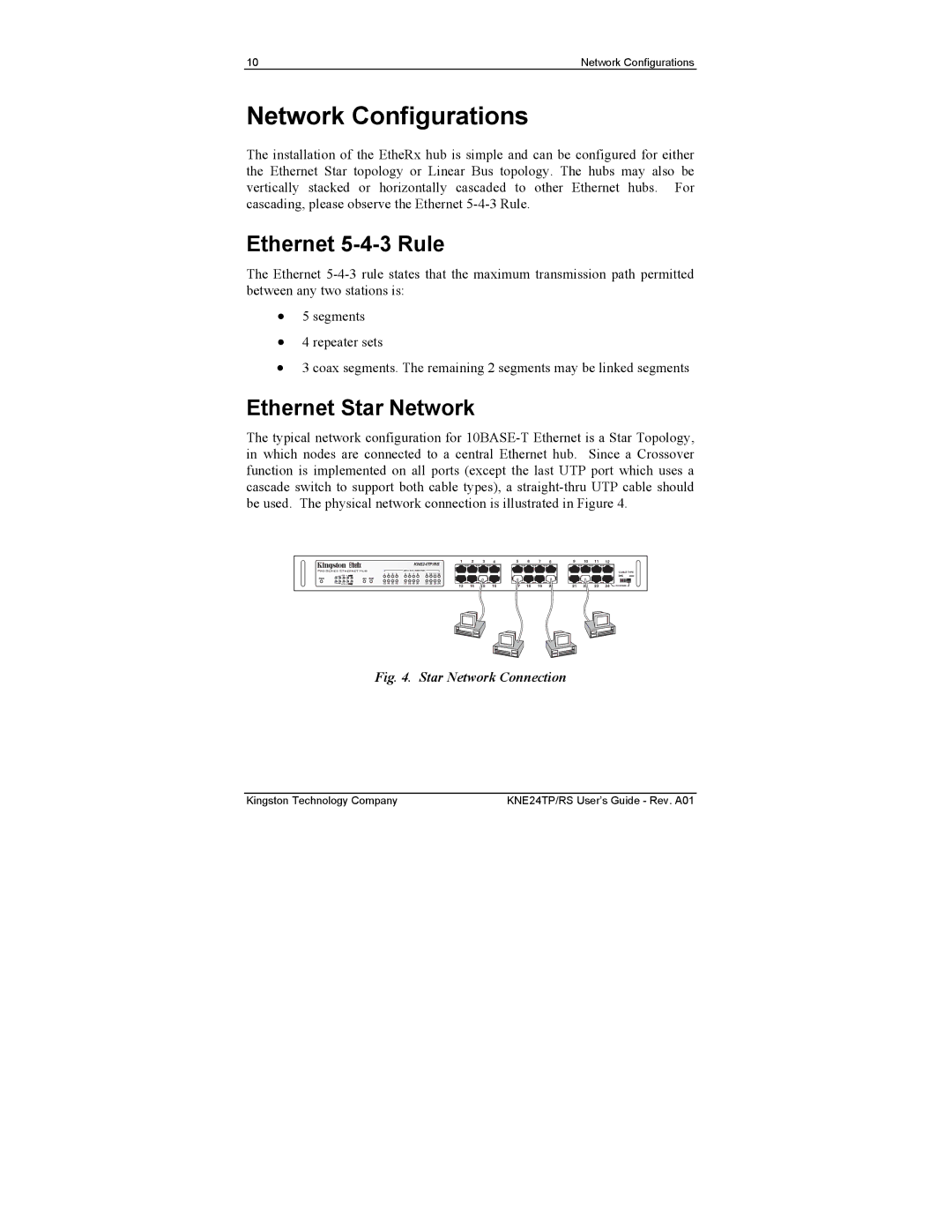 Kingston Technology KNE24TP/RS, KNE16TP/RS manual Network Configurations, Ethernet 5-4-3 Rule, Ethernet Star Network 