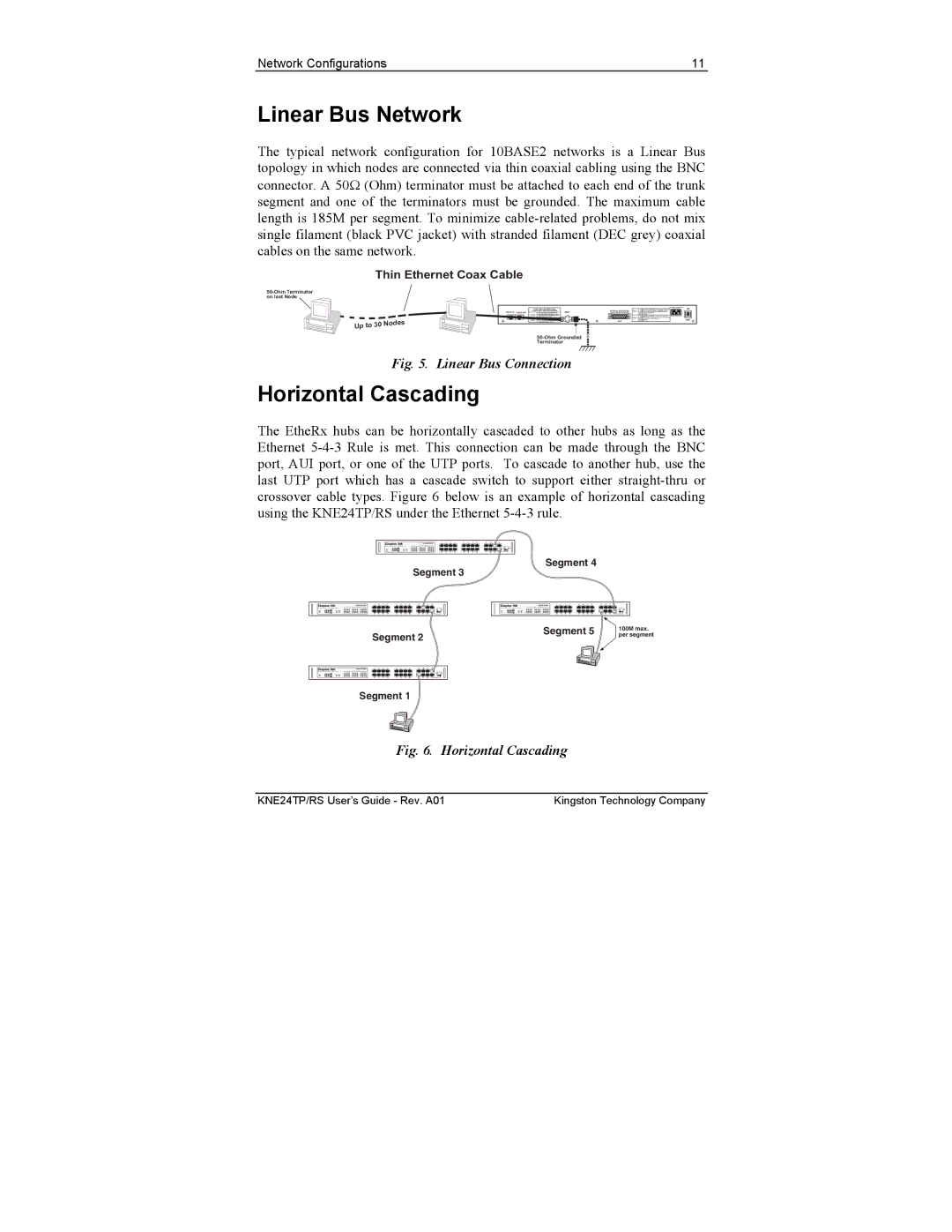 Kingston Technology KNE16TP/RS, KNE24TP/RS manual Linear Bus Network, Horizontal Cascading 