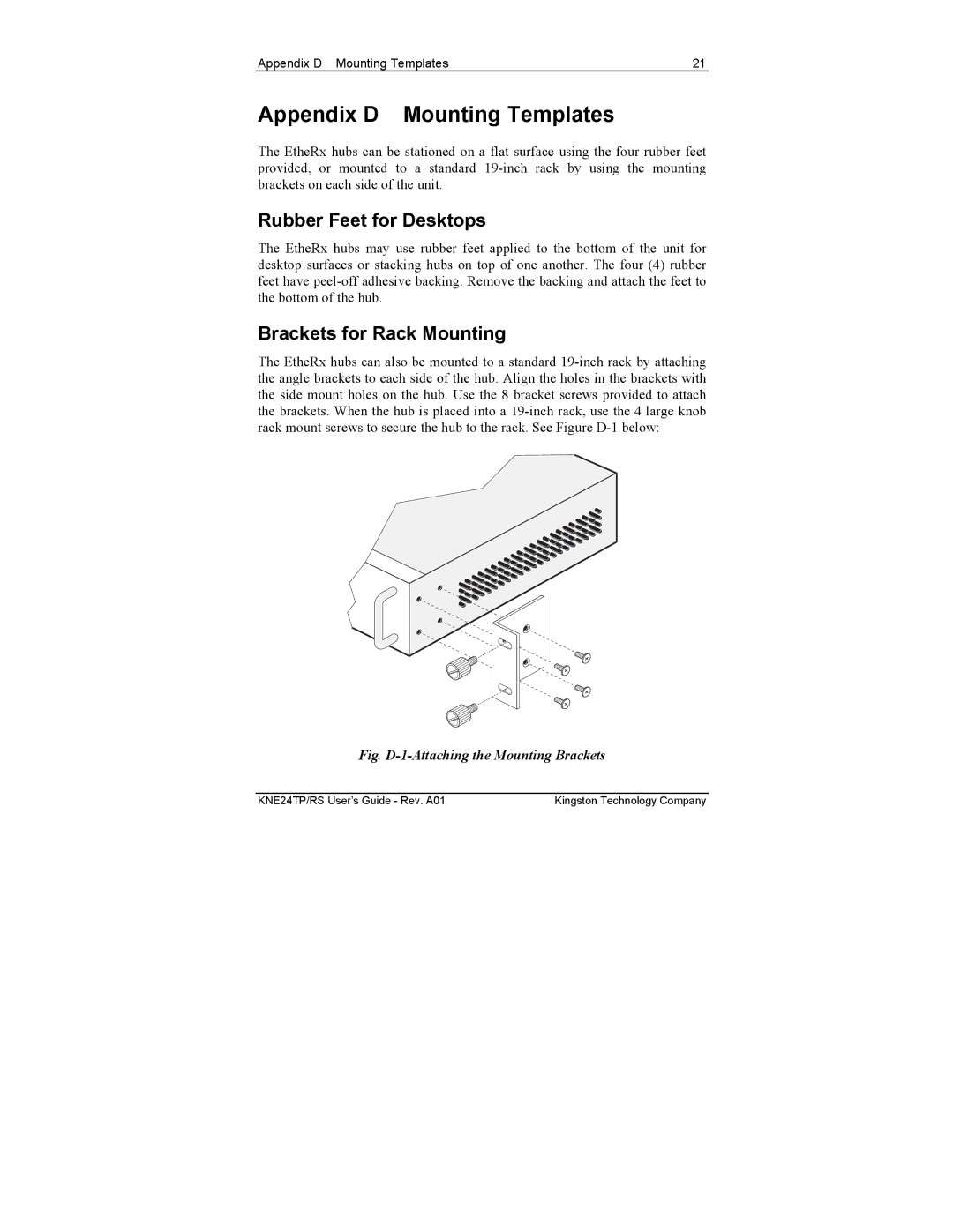 Kingston Technology KNE16TP/RS manual Appendix D Mounting Templates, Rubber Feet for Desktops, Brackets for Rack Mounting 