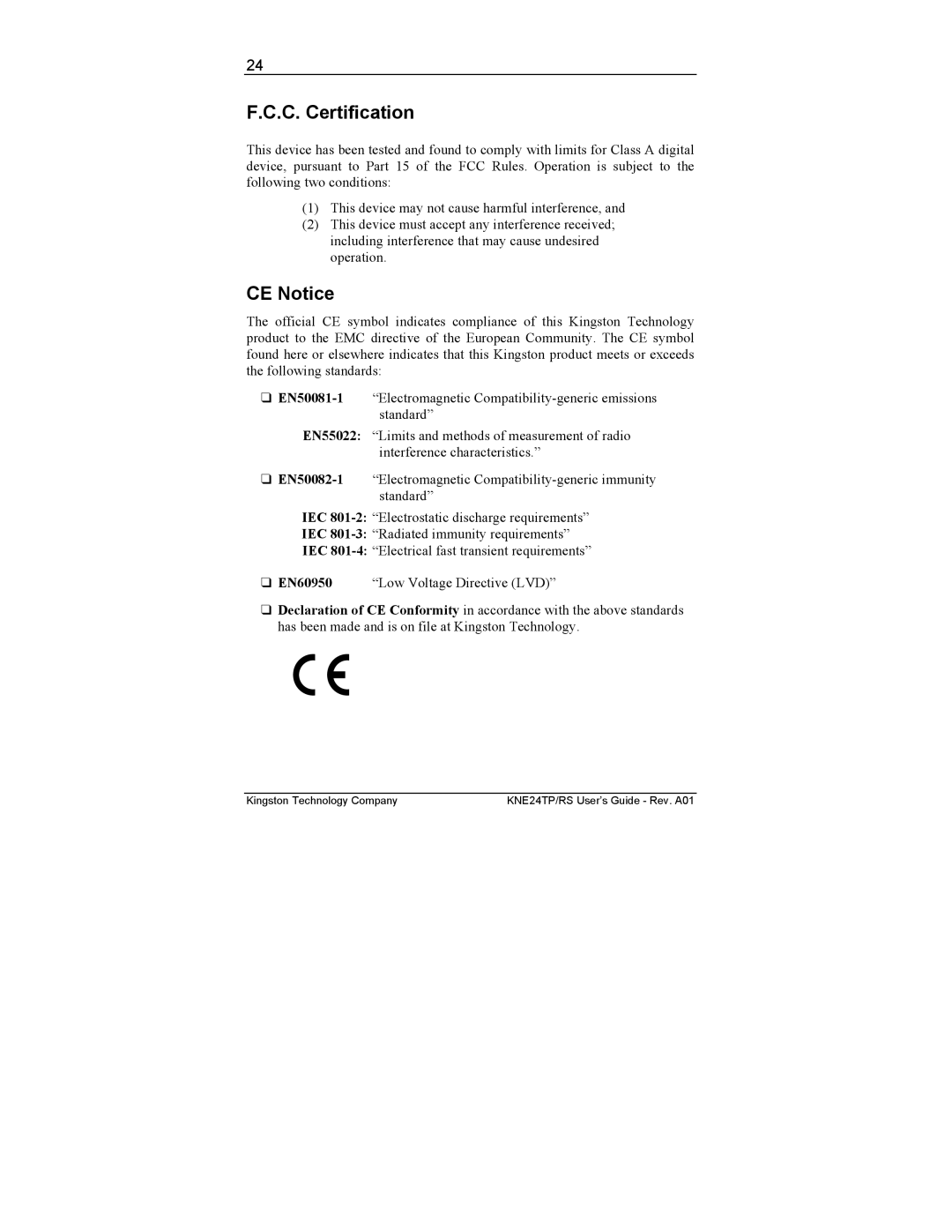 Kingston Technology KNE24TP/RS, KNE16TP/RS manual C. Certification, CE Notice 