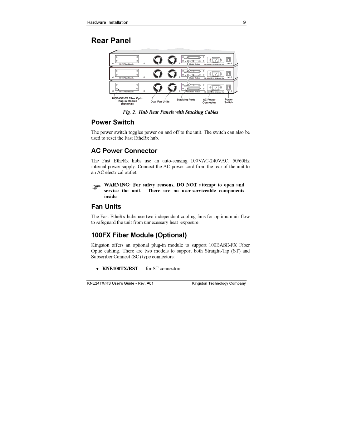 Kingston Technology KNE8TX/RS manual Rear Panel, Power Switch, AC Power Connector, Fan Units, 100FX Fiber Module Optional 