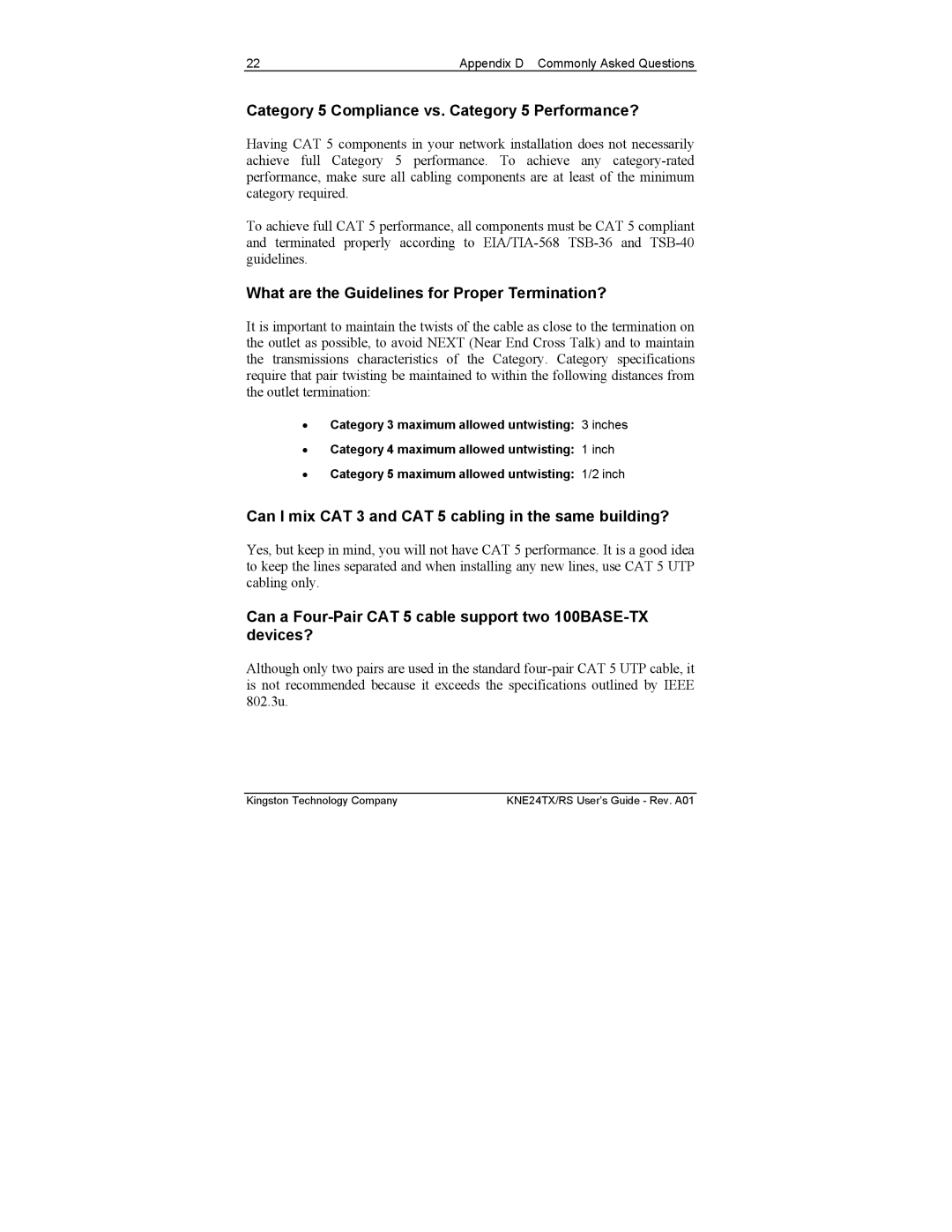 Kingston Technology KNE12TX/RS, KNE24TX/RS, KNE8TX/RS manual Category 5 Compliance vs. Category 5 Performance? 