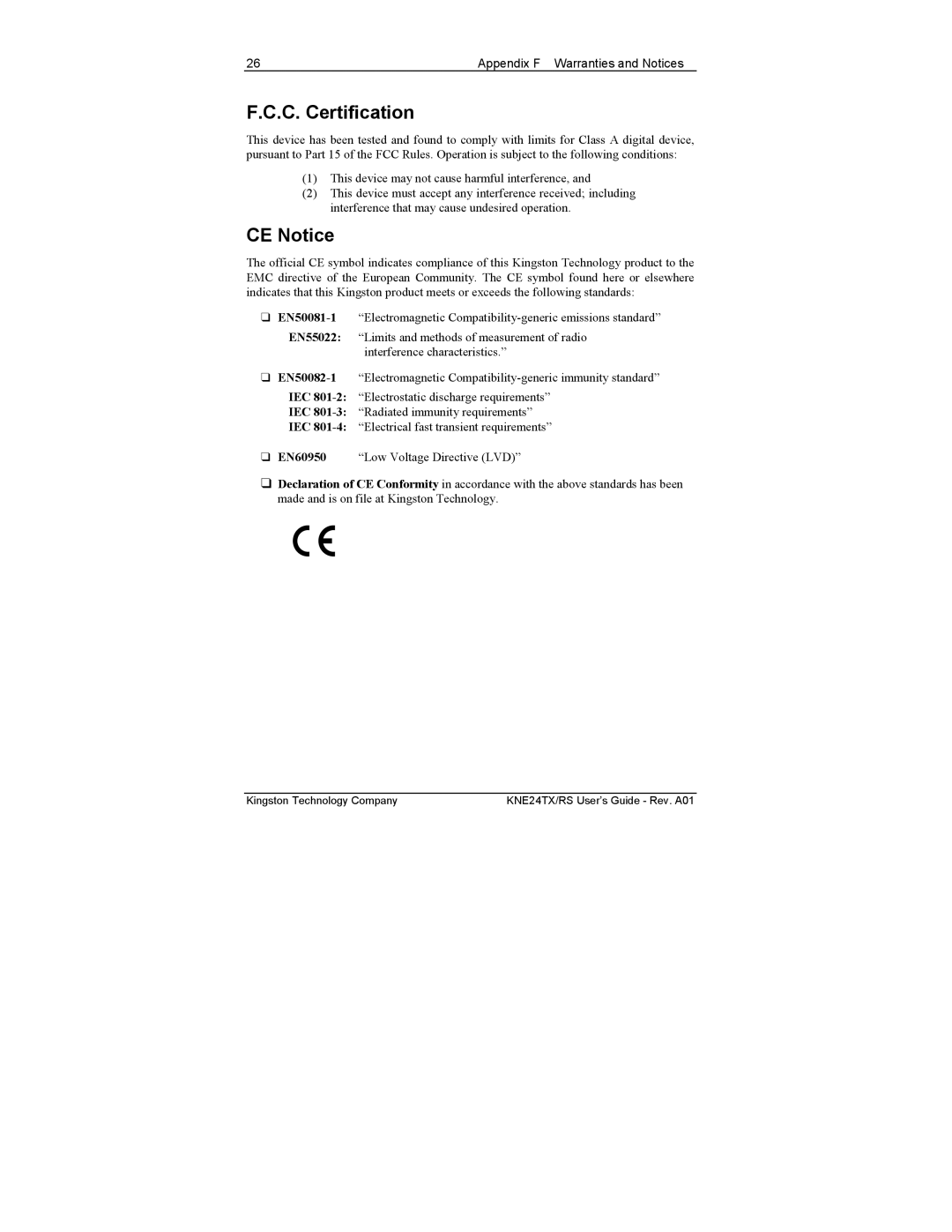 Kingston Technology KNE8TX/RS, KNE24TX/RS, KNE12TX/RS manual C. Certification, CE Notice 