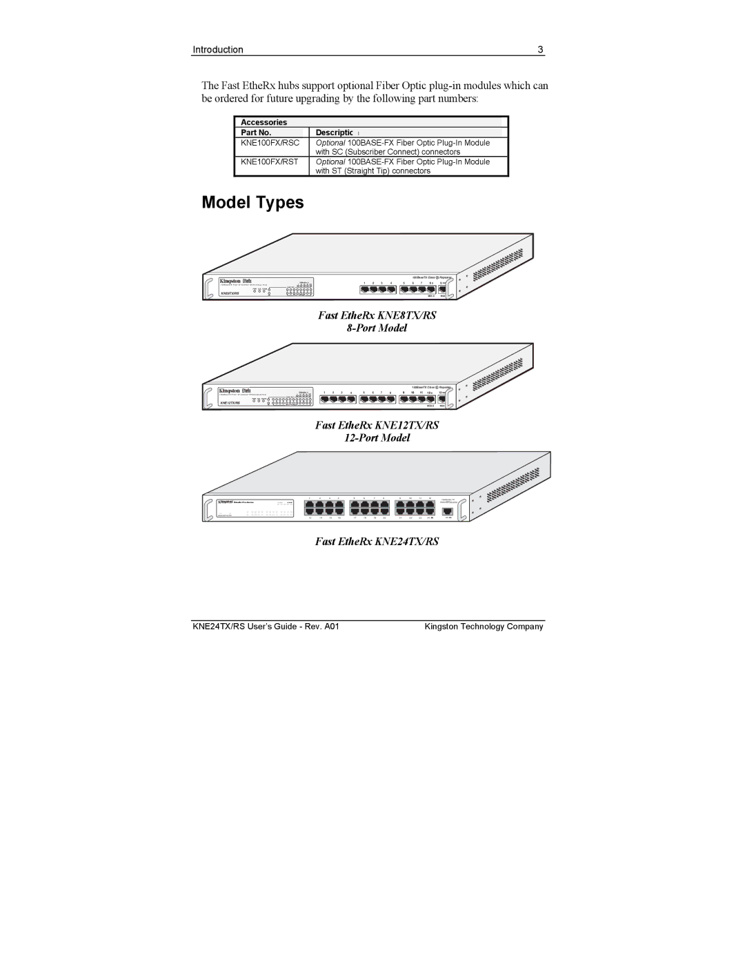 Kingston Technology KNE8TX/RS, KNE24TX/RS, KNE12TX/RS manual Model Types, Accessories 