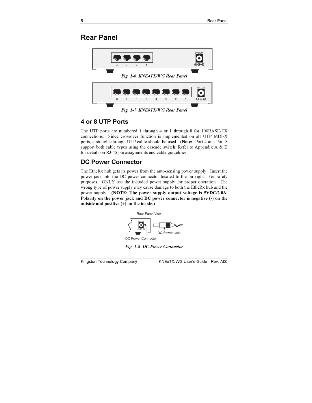 Kingston Technology KNE8TX/WG manual Rear Panel, Or 8 UTP Ports, DC Power Connector 