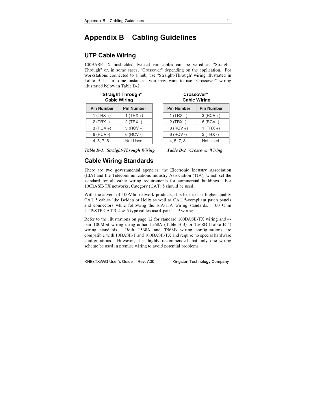 Kingston Technology KNE8TX/WG manual Appendix B Cabling Guidelines, UTP Cable Wiring, Cable Wiring Standards 