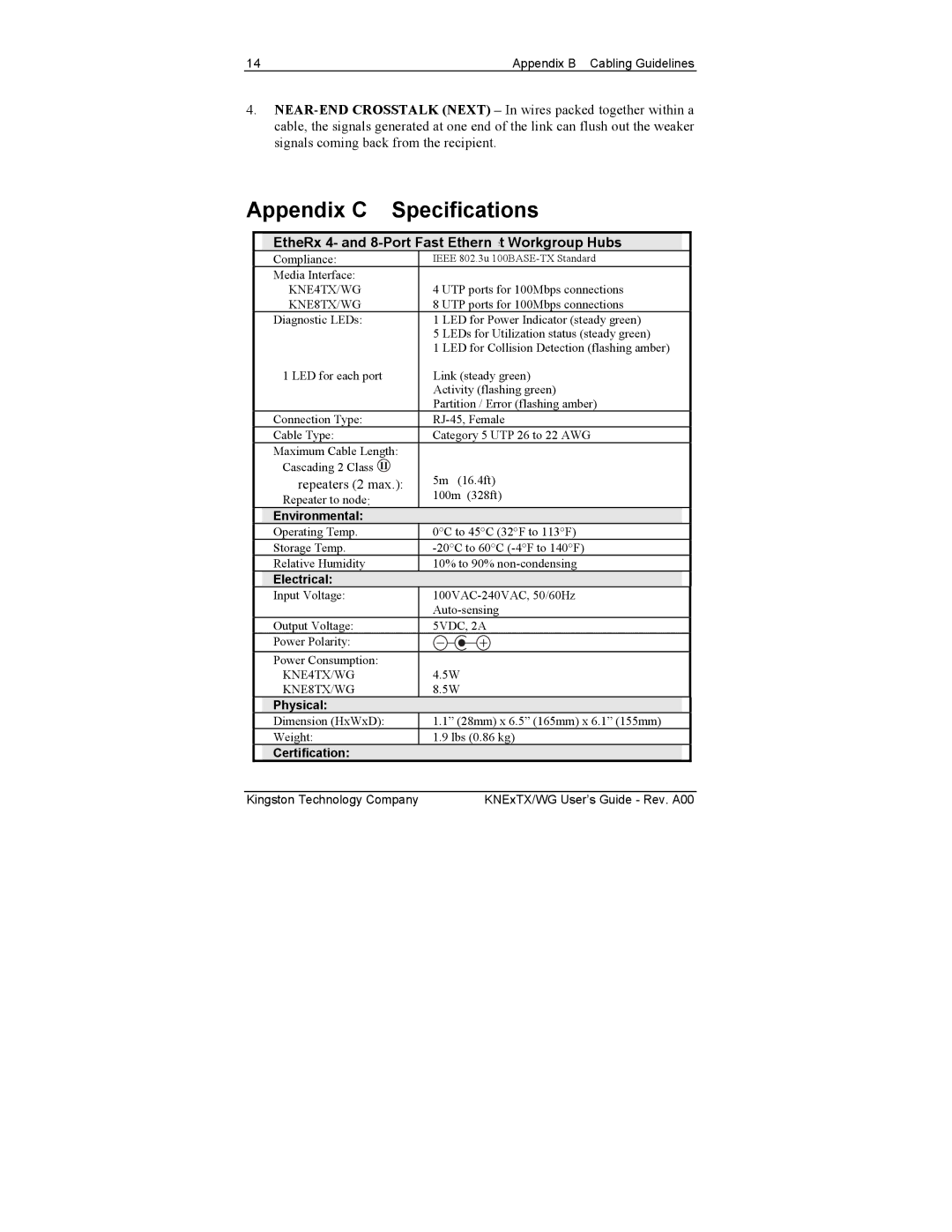 Kingston Technology KNE8TX/WG manual Appendix C Specifications, EtheRx 4- and 8-Port Fast Ethernet Workgroup Hubs 