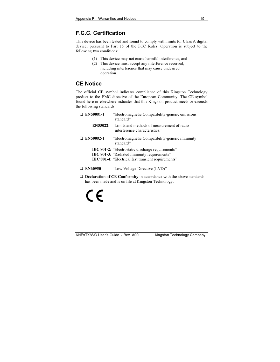 Kingston Technology KNE8TX/WG manual C. Certification, CE Notice 