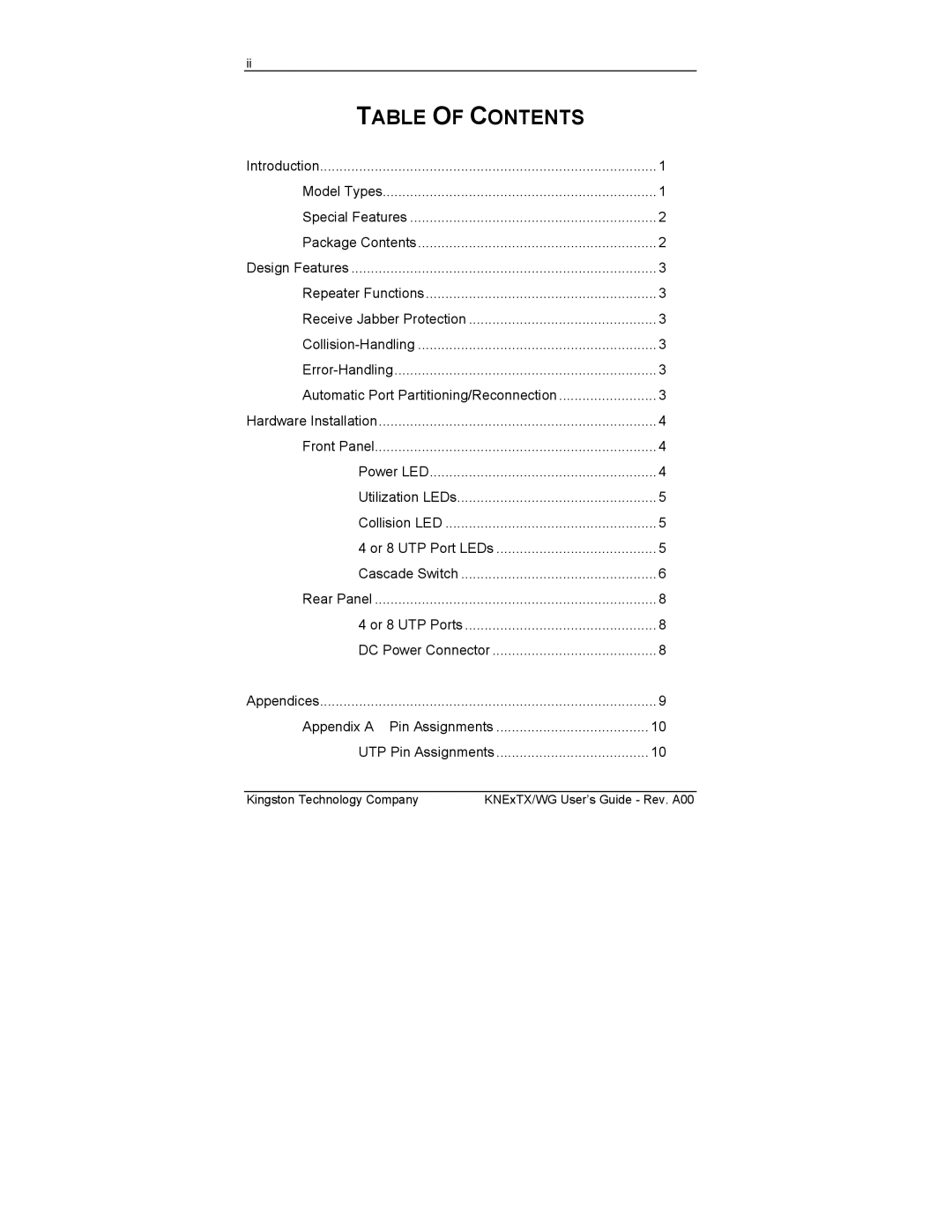 Kingston Technology KNE8TX/WG manual Table of Contents 