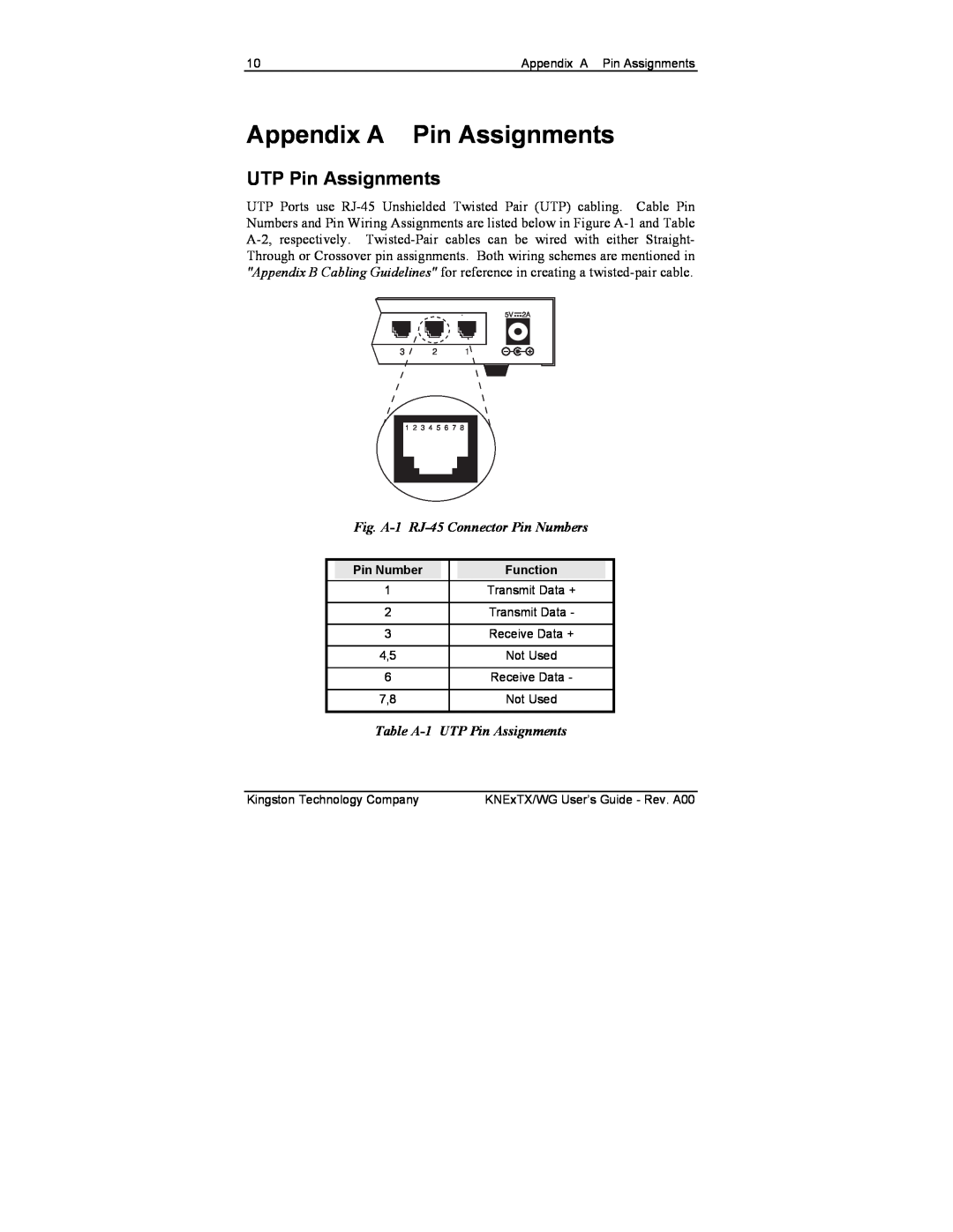 Kingston Technology KNE8TX/WG manual Appendix A Pin Assignments, UTP Pin Assignments, Fig. A-1 RJ-45 Connector Pin Numbers 
