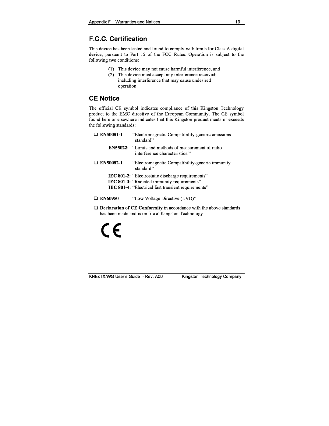 Kingston Technology KNE8TX/WG manual F.C.C. Certification, CE Notice 
