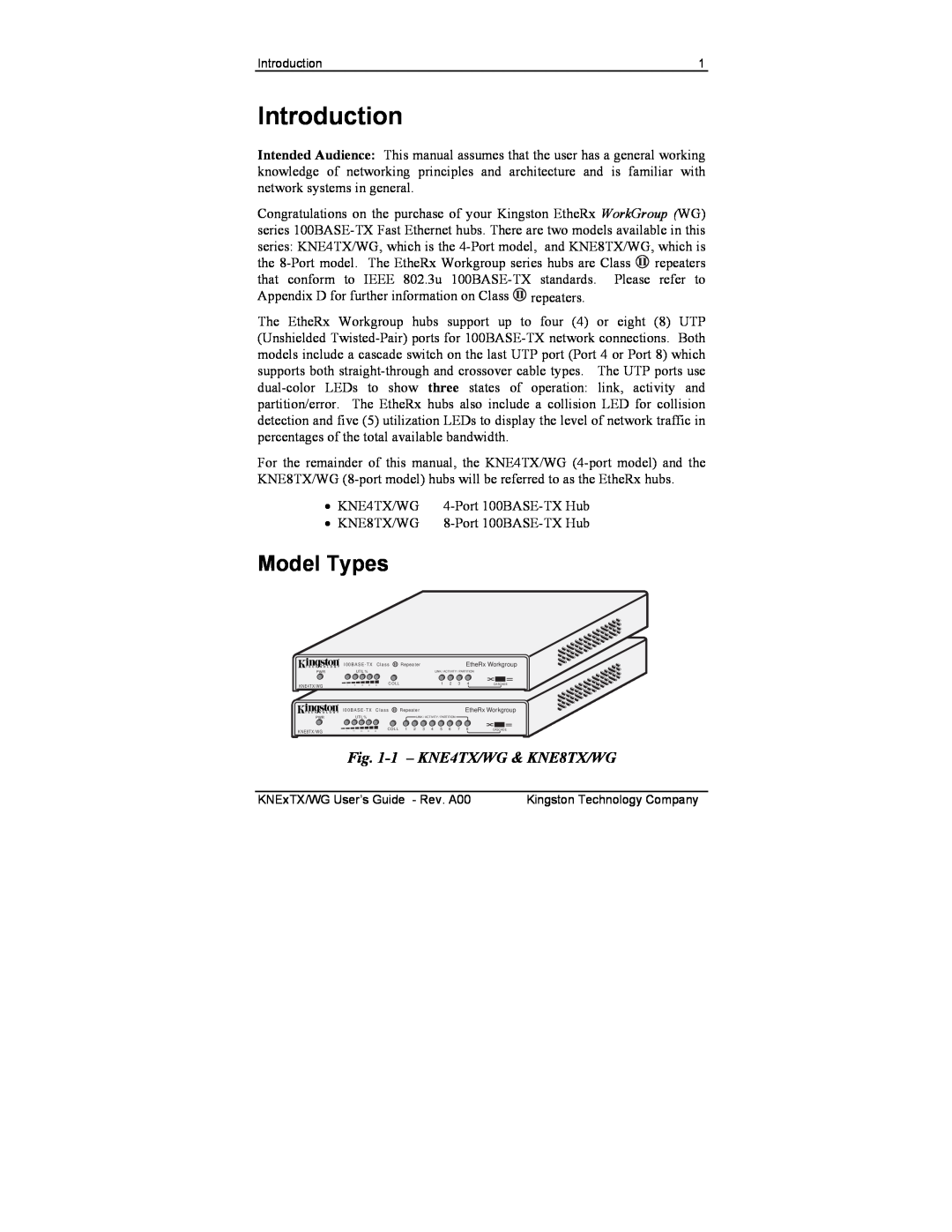 Kingston Technology manual Introduction, Model Types, 1 - KNE4TX/WG & KNE8TX/WG 