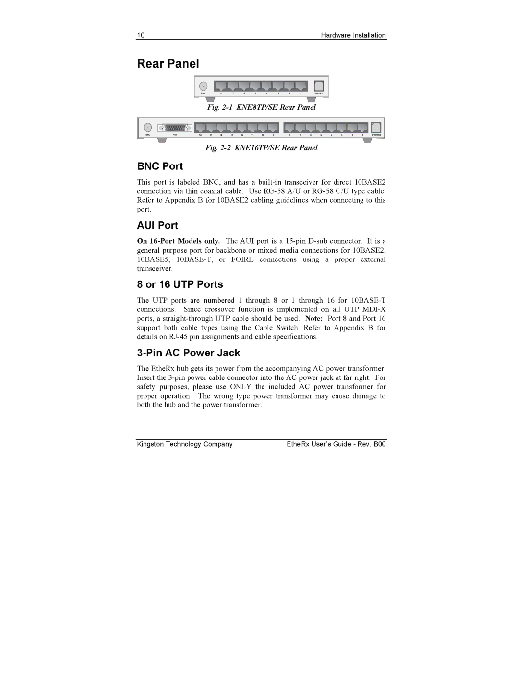 Kingston Technology KNE16TP, KNE8WG, KNE8SE, KNE16WG manual Rear Panel, BNC Port, AUI Port, Or 16 UTP Ports, Pin AC Power Jack 