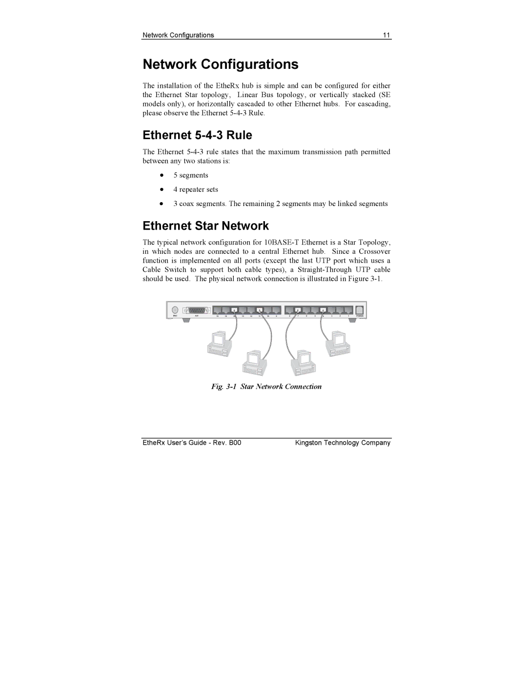 Kingston Technology KNE8TP, KNE8WG, KNE8SE, KNE16WG manual Network Configurations, Ethernet 5-4-3 Rule, Ethernet Star Network 