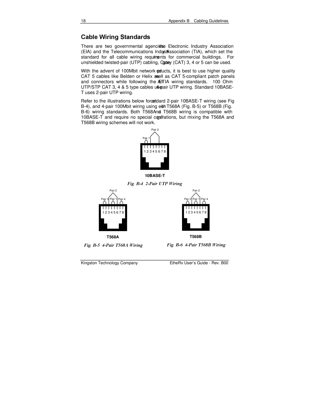 Kingston Technology KNE8WG, KNE8SE, KNE16WG, KNE16SE, KNE16TP, KNE8TP manual Cable Wiring Standards, Fig. B-4 2-Pair UTP Wiring 