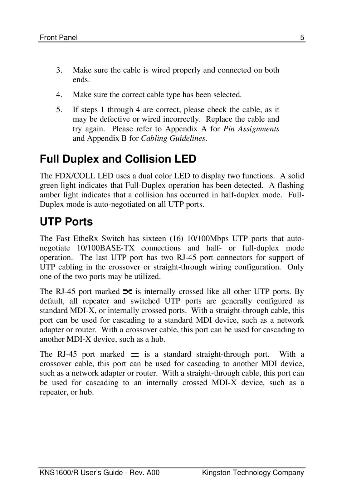 Kingston Technology KNS1600 manual Full Duplex and Collision LED, UTP Ports 