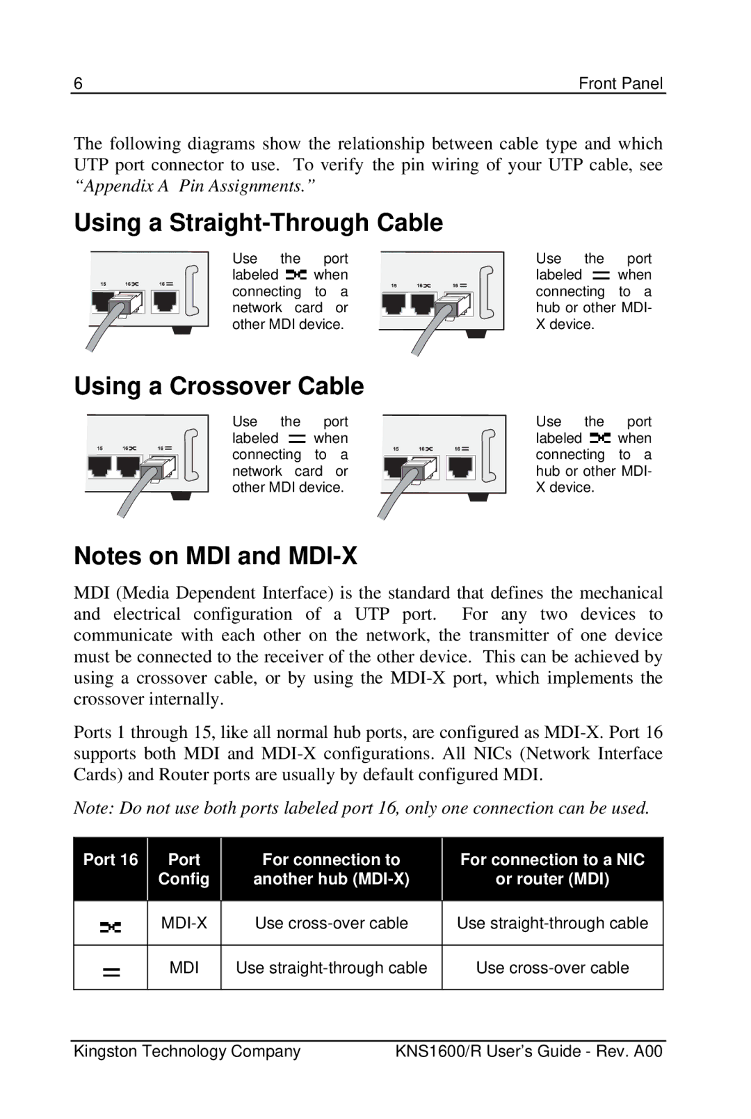 Kingston Technology KNS1600 manual Using a Straight-Through Cable, Using a Crossover Cable 