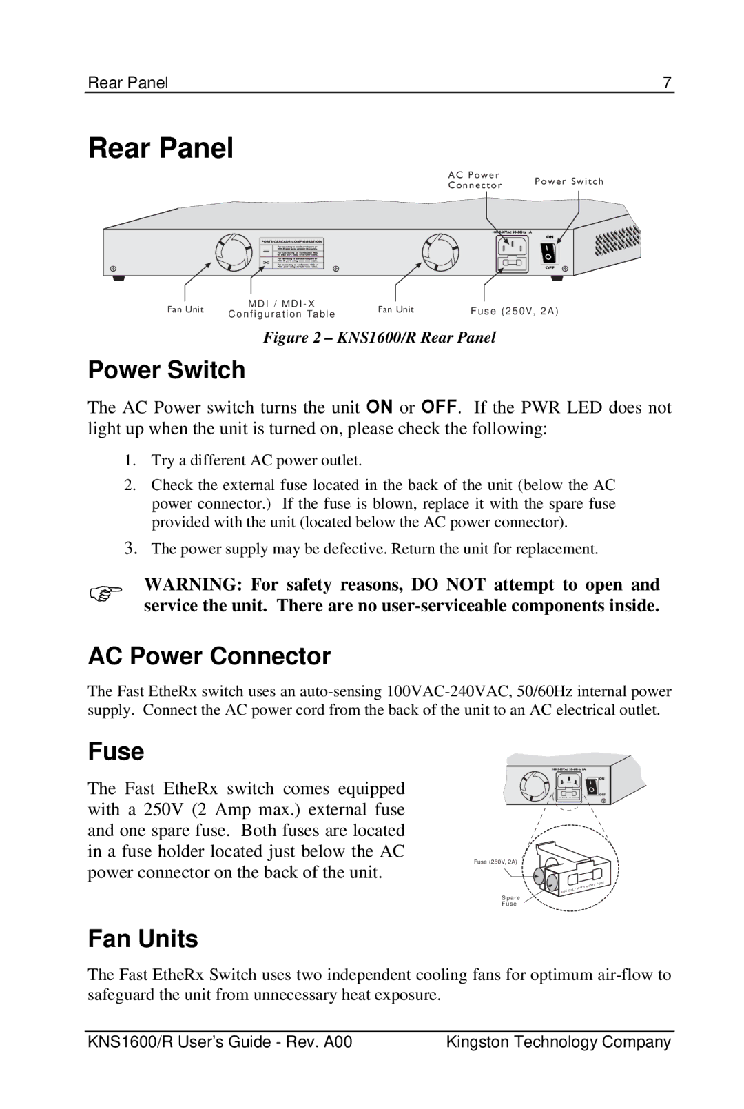 Kingston Technology KNS1600 manual Rear Panel, Power Switch, AC Power Connector, Fuse, Fan Units 