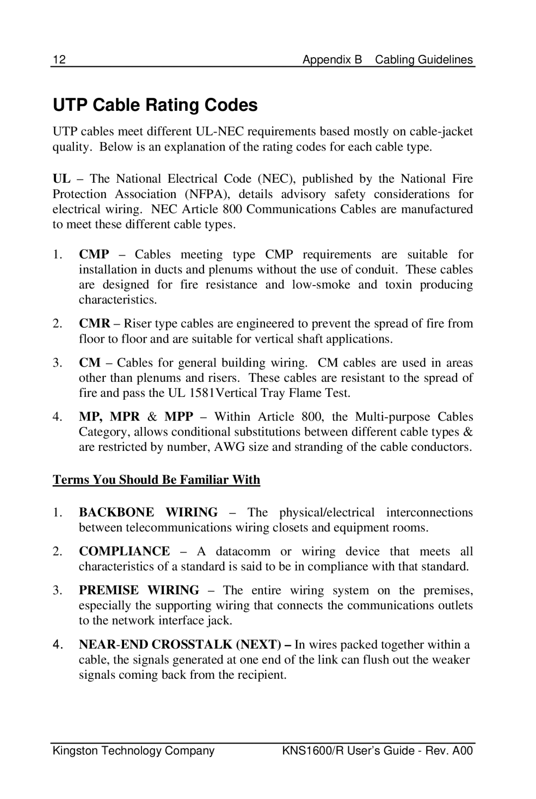 Kingston Technology KNS1600 manual UTP Cable Rating Codes, Terms You Should Be Familiar With 