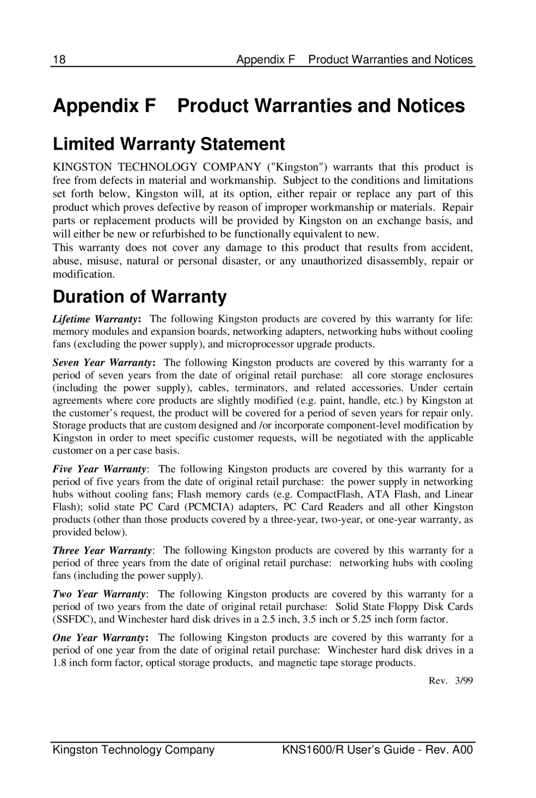 Kingston Technology KNS1600 manual Limited Warranty Statement, Duration of Warranty 