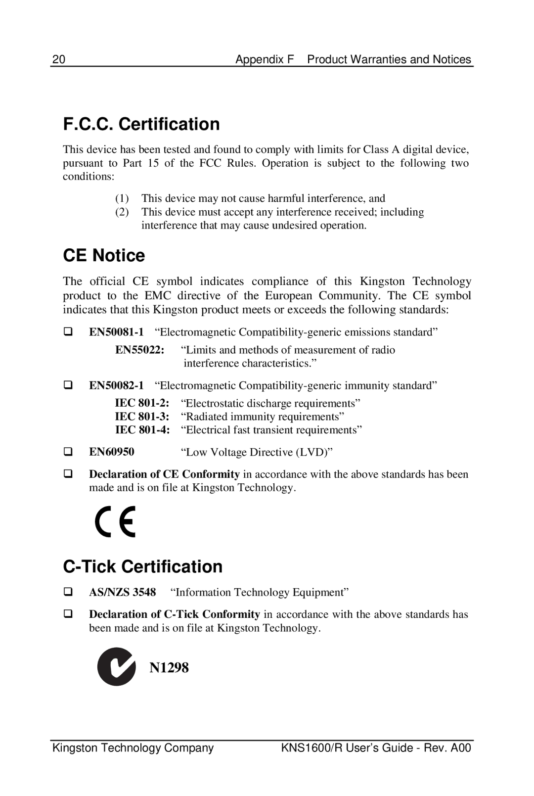 Kingston Technology KNS1600 manual C. Certification, CE Notice, Tick Certification 