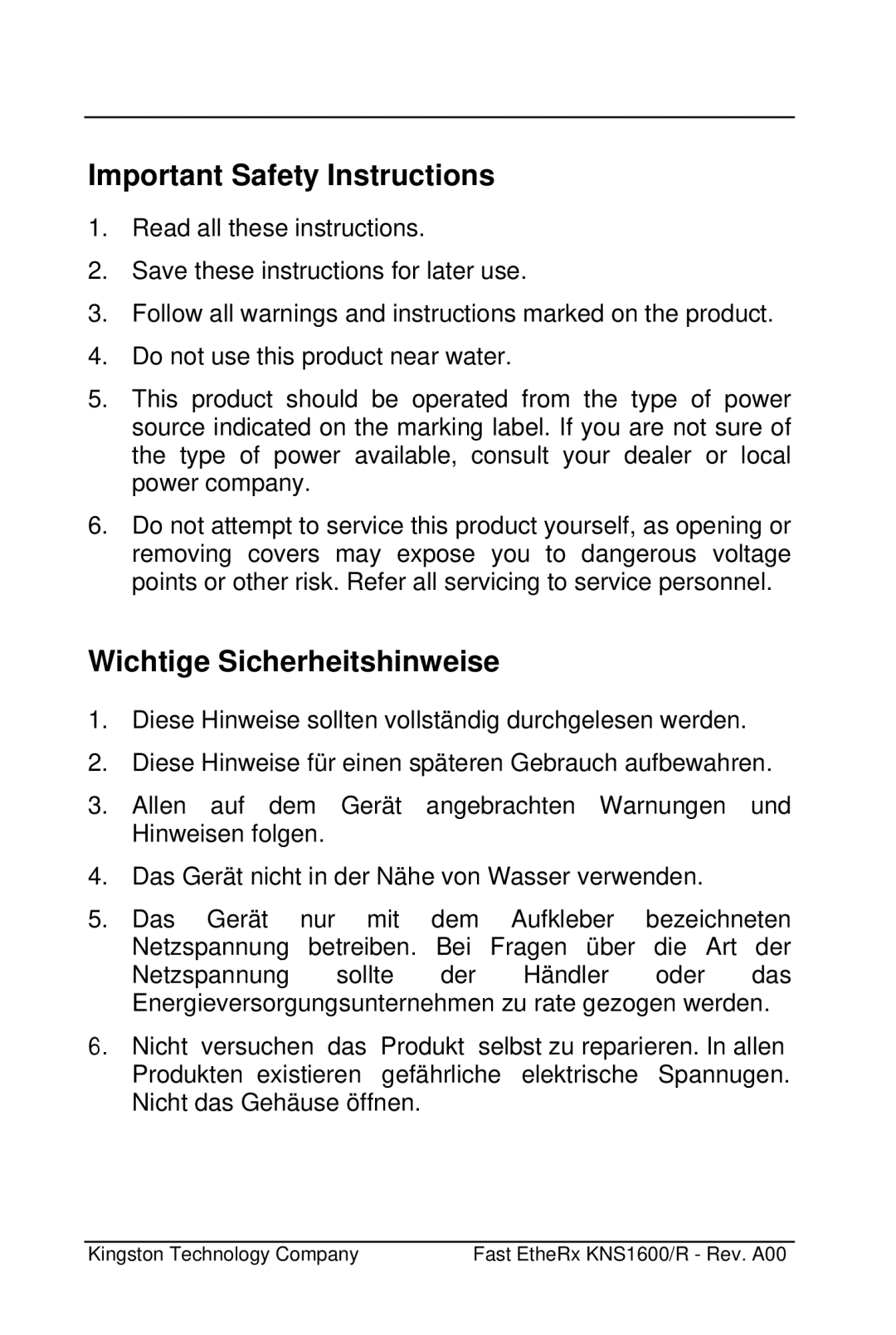 Kingston Technology KNS1600 manual Important Safety Instructions, Wichtige Sicherheitshinweise 