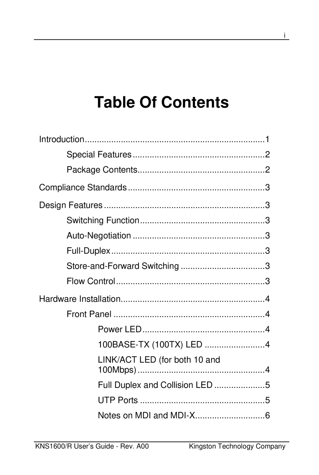 Kingston Technology KNS1600 manual Table Of Contents 